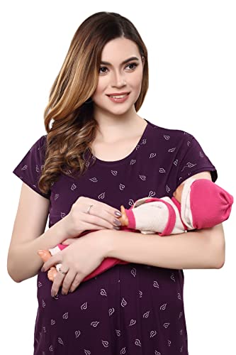 Image of TIGYWIGY Women's Cotton Printed Knee Length Maternity /Feeding /Nursing Nighty