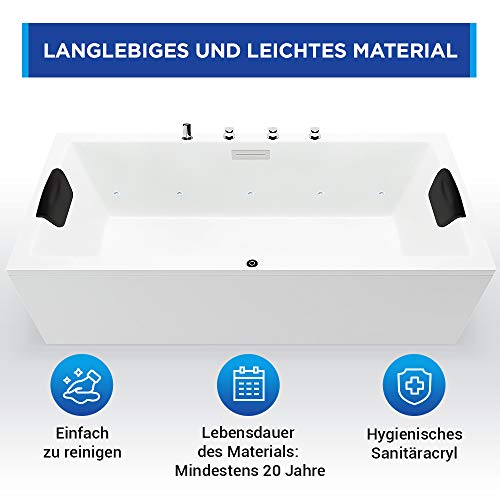 AQUADE Badewanne Komplett-Set mit Schürze Wannenträger Standard Ab-Überlaufgarnitur Rechteck-Badewanne 180x80cm Modell: Neu-Ulm Armatur mit integriertem Wasserfall mit Nackenkissen mit 9 x Mini-LED – Bild 5