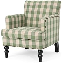 Christopher Knight Home Eve Modern Upholstered Club Chair, Wooden Living Room Accent Chair, Comfy Bedroom Reading Chair, Multifunctional Armchair, Green Checkerboard