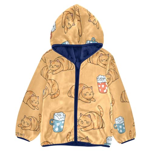 Cats and Coffee Mugs Pattern Toddler Fleece Jacket Girl Boys Hooded Fleece Jacket Coat Warm Outwear Zip-up 3-10T