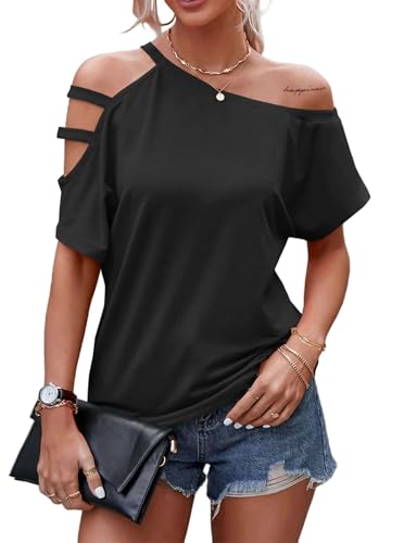 LilyCoco Women's Off The Shoulder Top Short Sleeve Cutout Asymmetrical Neck T Shirt