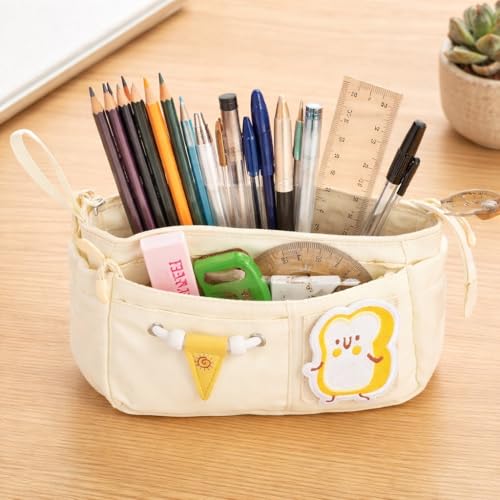 Image of Canvas School Bag Pencil Case, 3 Layer 6 Compartment Large Capacity, Aesthetic Pencil Pouch for Stationary, Cute Stationery for Kids, Pencil Case for Girls & Boys (Cream)