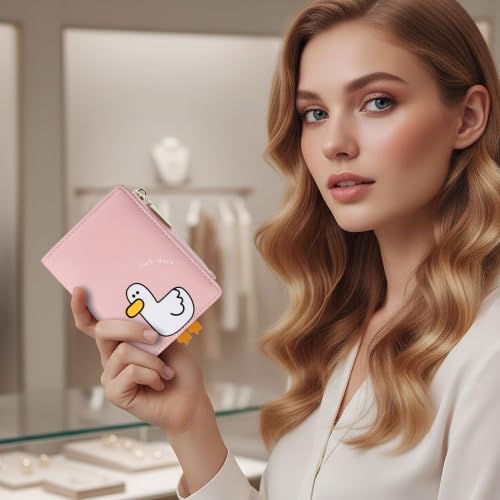 Image of Small Womens Wallet, Cute Bifold RFID Blocking Vegan Wallet for Teen Girls Ladies with Zipper Coin Pocket (Duck Pink)