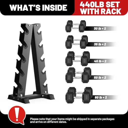 Image of PAPABABE Hex Dumbbell Sets with Rack, 100-600lb Rubber Coated Dumbbell Weight Set and Storage Rack, Multiple Options Hand Weights for Strength Training