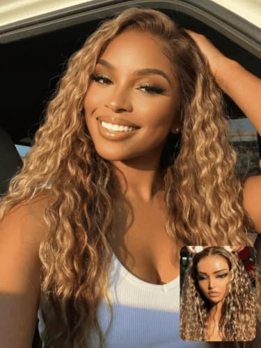UNICE 13x4 Water Wave Lace Front Wig Human Hair, Caramel Brown with Honey Blonde Highlights, Glueless Drawstring Put On and Go Wig, Pre Plucked Hairline, Beginner Friendly, 150% Density, 18 Inch