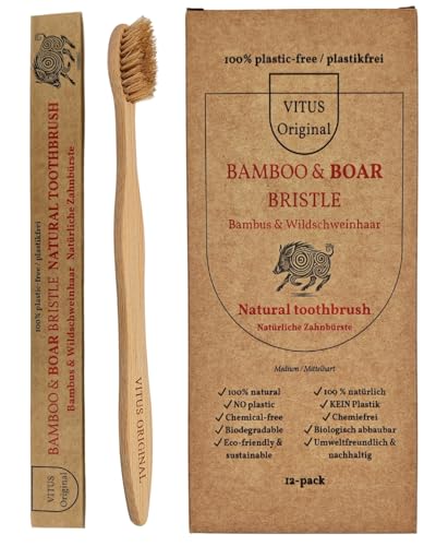Cepillos de dientes 100 % sin plástico, de bambú con cerdas naturales de jabalí – paquete de 12