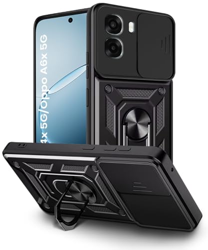 Image of WOW IMAGINE Tough Armor Bumper Mobile Back Case for Oppo K14x 5G | Oppo A6x | A6s 5G | Sliding Camera Cover | Shock Proof 360 Protection | Hybrid PC + TPU | Ring Holder with Kickstand - Black