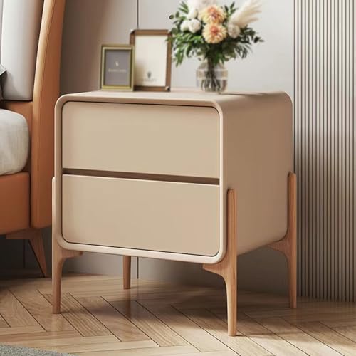 Modern Minimalist Wooden Bedside Table - Hotel Style Nightstand with 2 Drawers, Large Storage, High Legs - Leather Accent End Table for Bedroom, Farmhouse, and Living Room.
