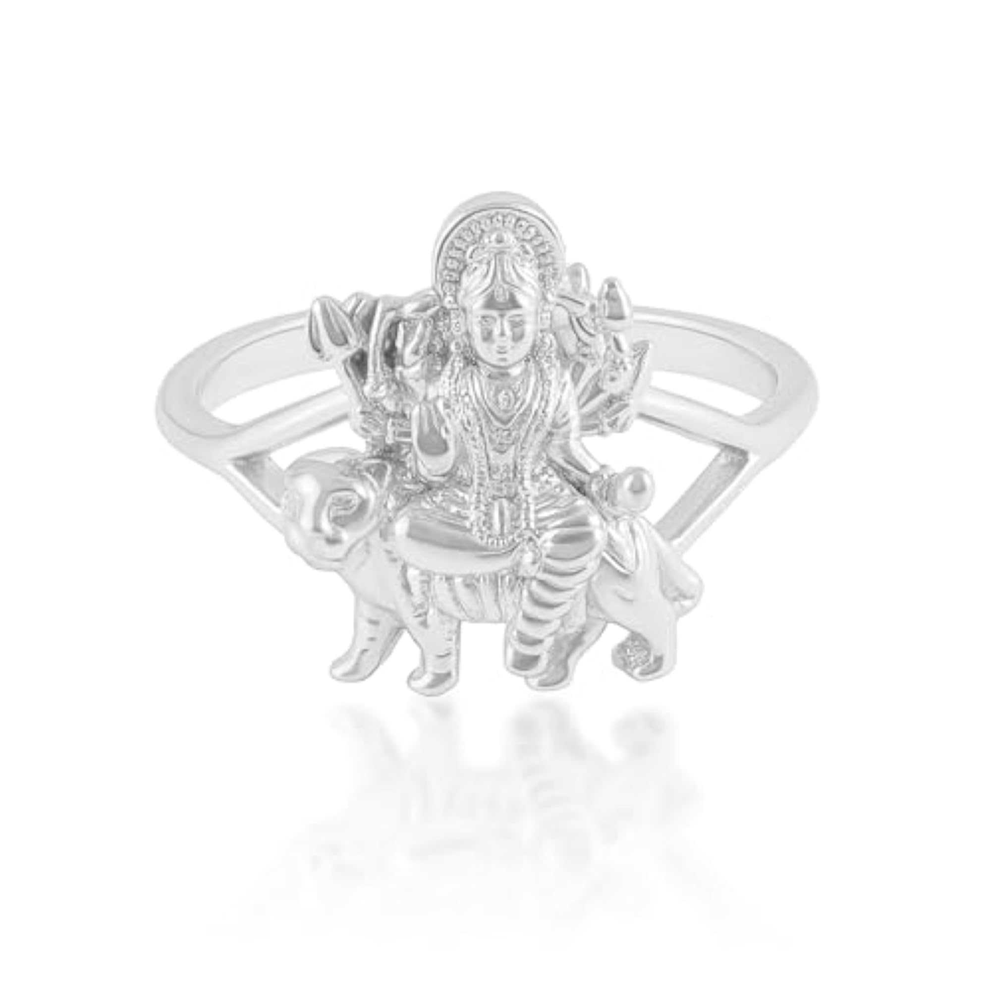 Brass Silver Plated Hindu Goddess Durga Ring, Anti Tarnish