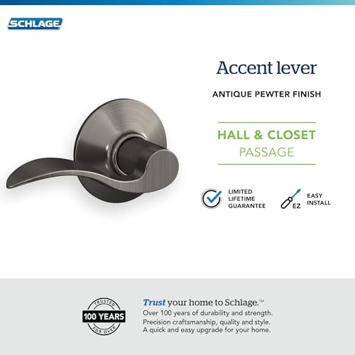 Image of SCHLAGE Lock Company Acc 620 SCHLAGE Accent F10 Flat Wave Reversible Door Lever Lock, Solid, Antique Pewter, Brass - F10 ACC 620
