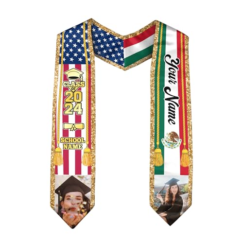 CHIARA CONTI11 Mexican Graduation Sash, Graduation Stole Customize Photo, Mexican American Flag Graduation Sash 2024, 2