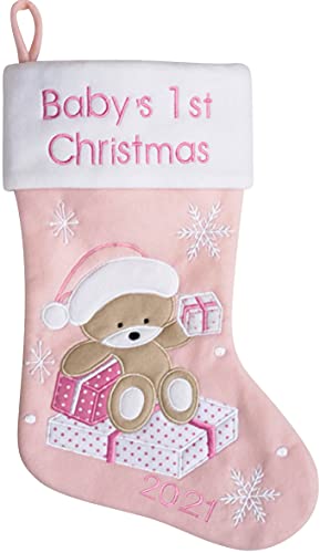 Heart's Sign Babys First Christmas Stocking 2021 | My First Christmas Baby Boy and Baby Girl | Newborn Stockings Christmas Ornaments | Newborn Christmas Decor (Pink)