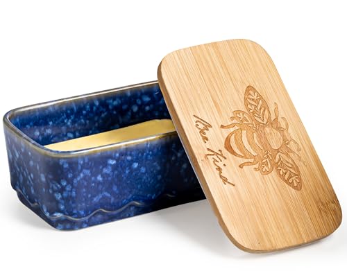 YHOJOY Ceramic Butter Dish with Lid for Countertop, Bee Butter Holder, Blue