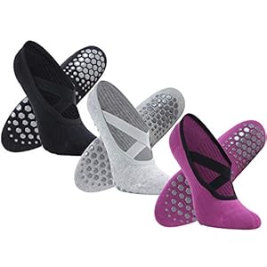 Non-Slip-Grip-Yoga-Pilates-Barre-Fitness-Hospital-Barefoot-Cushioned-Socks-SM Yoga Socks for Women, Non-Slip Grips & Straps, Home Work Ideal for Pilates, Pure Barre, Ballet, Dance, Barefoot Workout Equipment Non Skid Socks(3Pairs-Black+Grey+Fuchsia-Instep Cross Strap Medium)