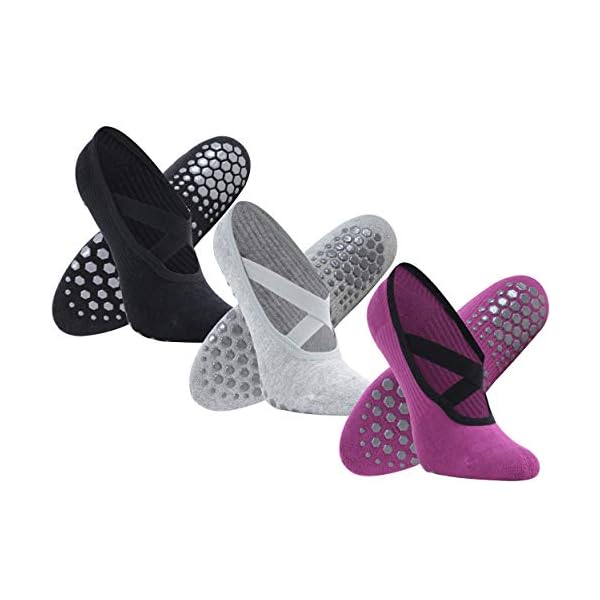 Yoga Socks for Women, Non-Slip Grips & Straps, Home Work Ideal for Pilates, Pure Barre, Ballet, Dance, Barefoot Workout Equipment Non Skid Socks(3Pairs-Black+Grey+Fuchsia-Instep Cross Strap Medium)