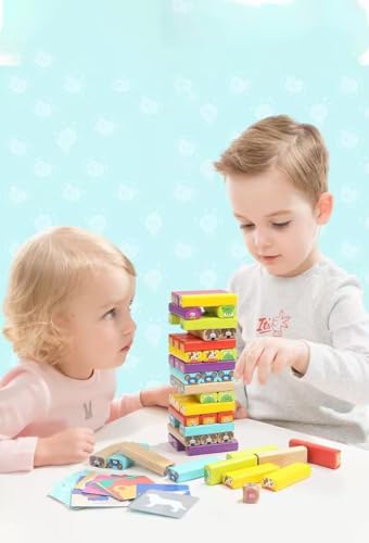 Genérico Jenga de Madera con Animales, Torre de Madera Colorida para Niños, con Dados 51/54 Bloques 1Dado, Juegos Familiares, Juguetes Educativos para Niños y Niñas