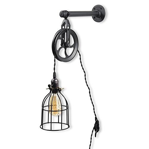 Rustic State Industrial Pulley Design Black Wall Sconce Pendant Lamp Kit with Wire Cage Shade, Pipe Bracket, Pulley, 10