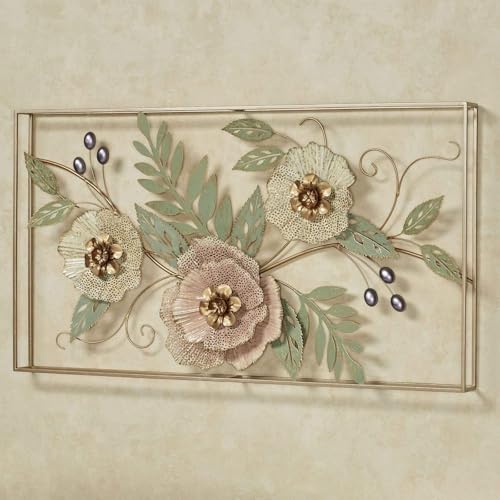 Image of ZOVE Forever Blooms Openwork Floral Wall Art | Framed Metal Artwork with Pastel Pink & Cream Blossoms | Metallic Finish Hanging Flower Decor for Living Room & Bedroom (40 x 20 Inch)