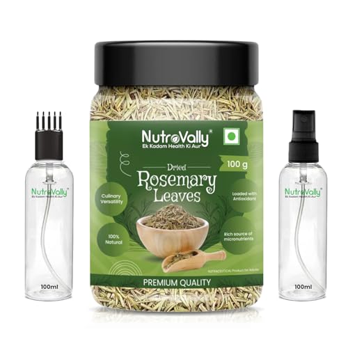 Image of NutroVally Rosemary Leaves 100g | For Seasoning & Helps In Hair Growth | 100% Natural Rosemary Dried Leaves | Food Grade With Mist Spray + Combo Bottle| Rosemary leaves organic