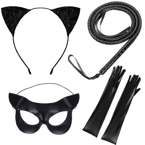 4PCS Halloween Cat Costume Accessories for Women Cat Woman Black Mask Ear Headband Long Whip and Gloves Set for Halloween Party Cosplay Dress Up