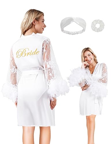 Image of EPLAZA Bride Robe Wedding Day Embroidery Feather Lace Bridal Party Robes