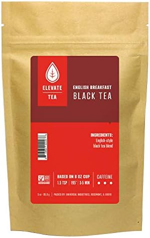 Elevate Tea ENGLISH BREAKFAST BLACK TEA, Loose Leaf Tea Blend, 30 servings, 3 Ounce Pouch, Caffeine Level: High, Single Unit, 3 Ounce (Pack of 1)
