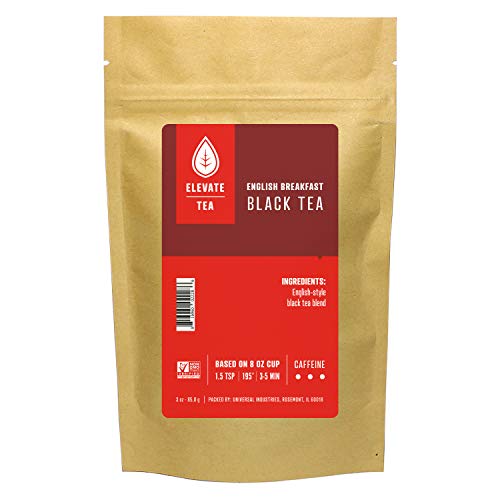 Elevate Tea ENGLISH BREAKFAST BLACK TEA, Loose Leaf Tea Blend, 30 servings, 3 Ounce Pouch, Caffeine Level: High, Single Unit, 3 Ounce (Pack of 1)