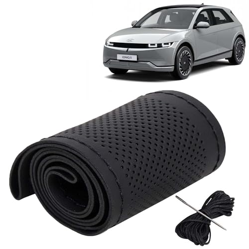 Image of KINGSWAY PU Leatherite Car Steering Cover Sewable Compatible with Hyundai Ioniq 5 (Year 2023 Onwards), Black Color with Black Thread, Pack of 1 with Sewing Needle and Thread