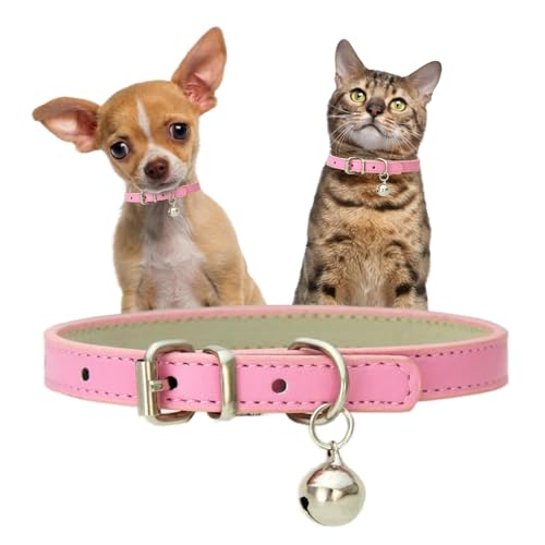 Pink Cat Collar with Bell, Faux Leather Puppy Collar with Bells Pu Basic Girl Kitten Collars for XXS XSmall Small Medium Pet Little Female Dogs Tiny Animal, XXSmall
