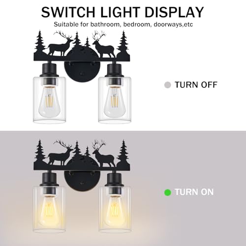 Image of Rustic Deer Bathroom Light Fixtures, 2-Light Vanity Lamp | Farmhouse rustic style, Clear Glass Shade,Wall Light for Bathroom, Hallway, Kitchen, Porch,Study, Bar