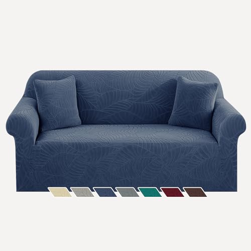 YEMYHOM Couch Cover Latest Jacquard Design High Stretch Sofa Covers for 2 Cushion Couch, Pet Dog Cat Proof Loveseat Slipcover Non Slip Elastic Furniture Protector (Medium, Begonia Leaf Navy)