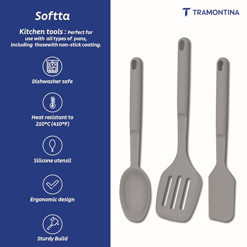 Image of Tramontina Softta Silicone Kitchen Tools Set of 3 (Grey) - Turner, Spatula & Spoon - Heat Resistant up to 210C - Safe for Nonstick & Ceramic Cookware
