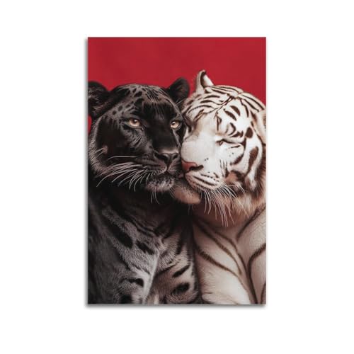 Poster d'art animal tigre noir et blanc s'embrassant - Art mural moderne sur toile - Décoration esthétique - 30 x 45 cm - Style sans cadre