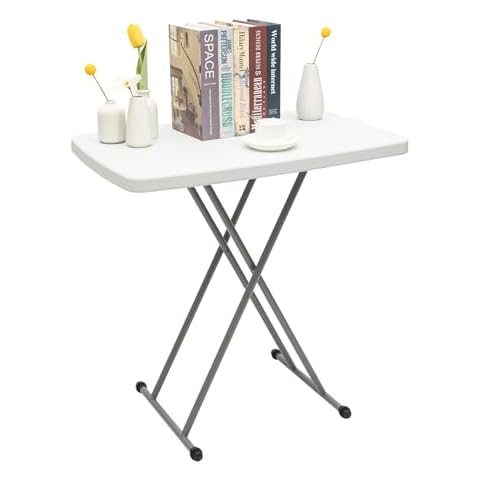 mignonnememe Small Folding Table 30" x 20" Height Adjustable Laptop TV Tray Stable Snack Table for Small Space, Easy Fold and Storage, White Cover