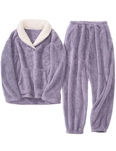Women's Flannel Pajamas Fleece Oversized Pullover Fuzzy Pajama Sets Cozy Pants Sets Fluffy Loungewear