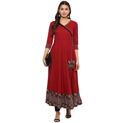 Image of Yash Gallery Women's Rayon Relaxed Fit Angrakha Kurta