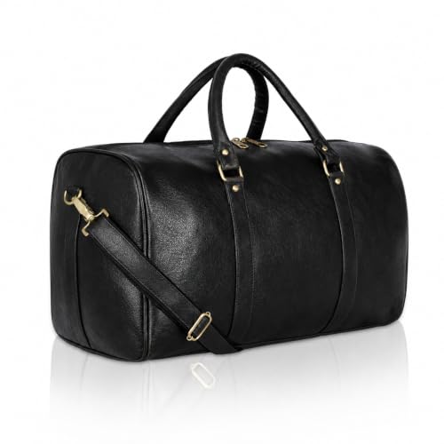 Image of ZAINTO Premium Leather Look Duffel Bag for Men & Women | 45L Weekender Travel Bag | Cabin Friendly Overnight Luggage | Gym Sports Bag with Adjustable Shoulder Strap | Black