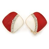 Pietra: diamante Orecchini a clip quadrati con cristalli smaltati rossi e bianchi, placcati in oro, 20 mm, Misura unica, Cristallo