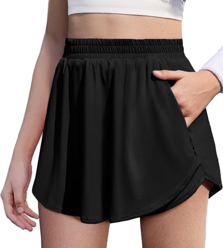 JiAmy Girls Athletic Shorts 2 in 1 Running Casual Workout Overlay High Waisted Elastic Waist Activewear with Zip Pockets