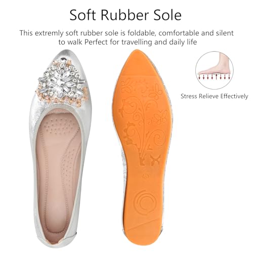 Image of KUNWFNIX Women Ballet Flats Rhinestone Wedding Ballerina Shoes Foldable Sparkly Comfort Slip on Flat Shoes