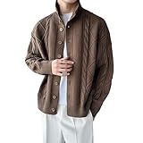 Men's Baggy Stand Collar Knit Casual Sweater Cable Comfort Stylish Outdoor Sweater Thick Solid Warm Button Up Sweaters (Coffee,Large)