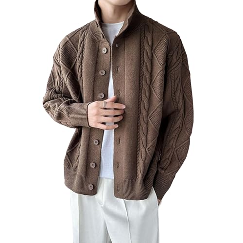 Men's Baggy Stand Collar Knit Casual Sweater Cable Comfort Stylish Outdoor Sweater Thick Solid Warm Button Up Sweaters (Coffee,Large)