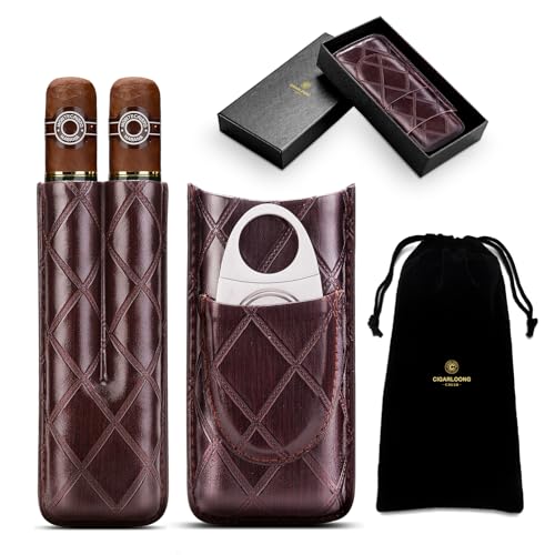 CLZOONG étui à cigares en cuir avec coupe-cigares en acier inoxydable, cave à cigares portable pour 2 cigares, étui à cigares humidifiant pour le voyage...