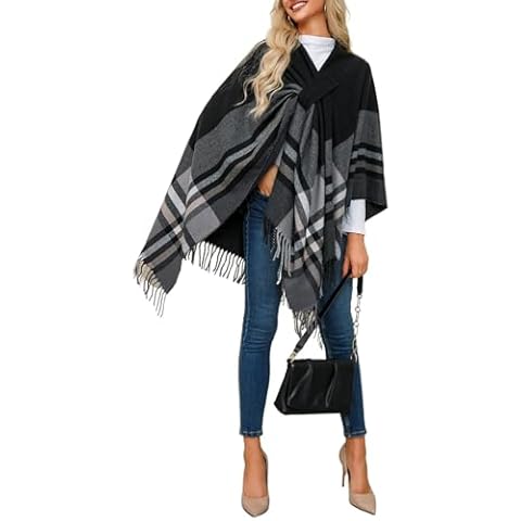 Raylans Women's Travel Plaid Shawl Wrap Open Front Poncho Cape for Spring Fall Winter Cover