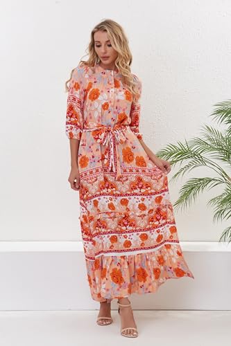 Image of Women Boho High-Waist Floral Print Maxi Dress 3 /4 Sleeve Casual | Soft Rayon, Breathable, Quick-Dry. High-Waist with Adjustable Belt, Flattering Hem. Ideal for Beach, Work & Dating.
