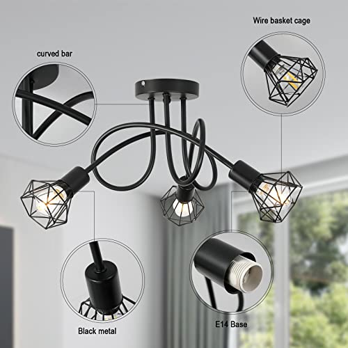 Industrial 3 Way Ceiling Light Chandelier Semi-Flush Mount E14 Base Black Metal Caged 3 Lights Ceiling Light Fixture for Bedroom Living Dining Room Hallway(Bulbs not Include) - Image 5