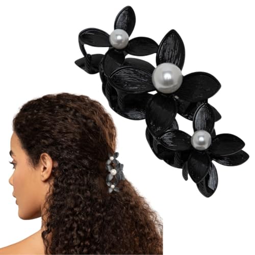 Image of Radhu & Kabby Antique Black Floral Hair Claw Clip for women | Pearl Embellished | Elegant Strong Hold Hair Accessory for Wedding, Party & Festive Styling | Pack of 1