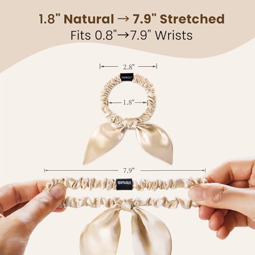 Image of THXSILK 100% Mulberry Silk Bow Scrunchies 3-Pack, 22 Momme Mulberry Silk Hair Ties for Women, Cute Bunny Ear No Damage Ponytail Holders, Fashion Hair Accessories for Girls(S, Beige)