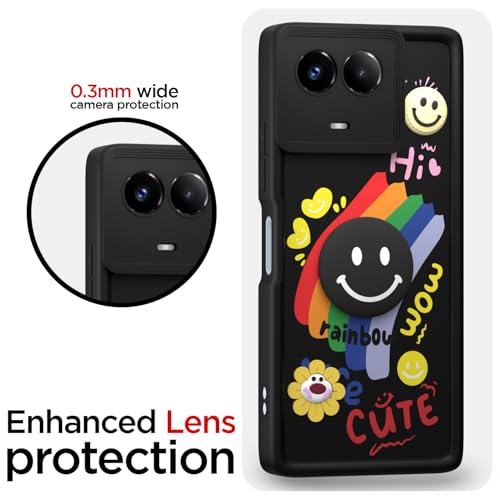 Image of Pikkme Back Cover for Realme 11 / 11X 5G / Narzo 60X 5G | Soft Silicone| Cute Rainbow Smile & 3D Cartoon Flower Design | Shockproof Raised Camera Protection Bumper Case (Black)