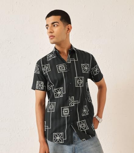 Image of Majestic Man Men's Slim Fit Pure Cotton Printed Casual Shirt - Short Sleeve | Premium Breathable Fabric | Modern Geometric Design